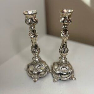 Vintage | Ornate Silver Tone Candlesticks Pair Baroque Style